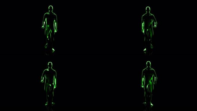 黑色背景上3D抽象数字绿色行走人的前视图