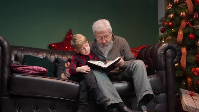 祖父睡前给孙子读了一个童话故事。优雅的白发男子和一个小男孩坐在一个装饰的房间里的沙发上，靠近一棵发光