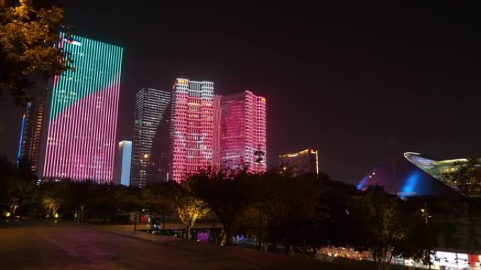 夜景照明杭州市中心中央公园广场全景4k中国