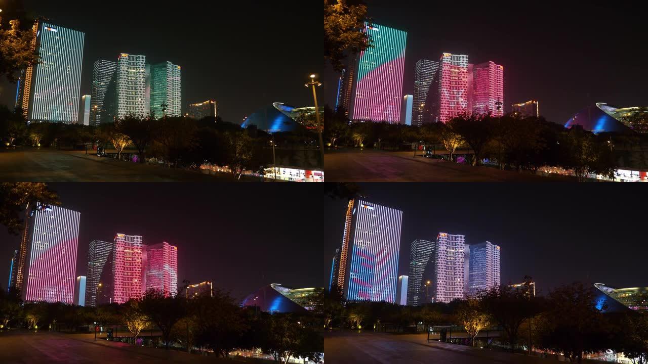 夜景照明杭州市中心中央公园广场全景4k中国