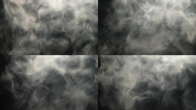 黑色背景上的扭曲烟雾或雾。加湿器和空气概念。