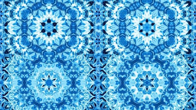 星对称的抽象对称背景。波浪曼陀罗。环形抽象蓝色液体背景，波浪形闪闪发光，表面有光泽。万花筒效应