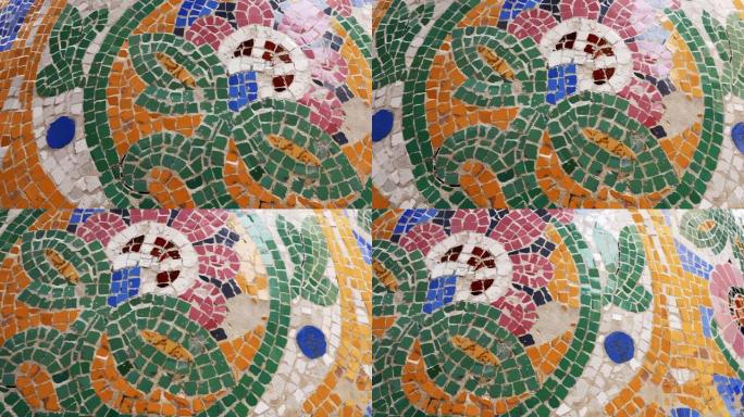 西班牙巴塞罗那卡塔拉纳帕劳·德拉梅西卡·卡塔拉纳立面的瓷砖细节。4k