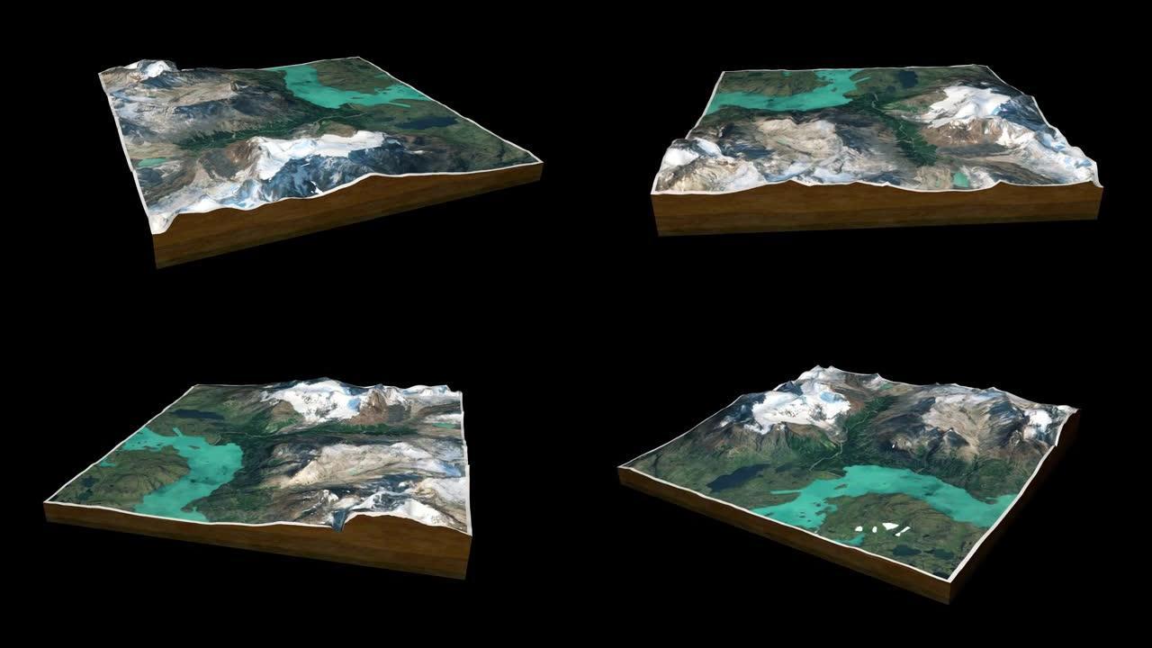 Cordillera del Paine地图3D渲染360度循环动画