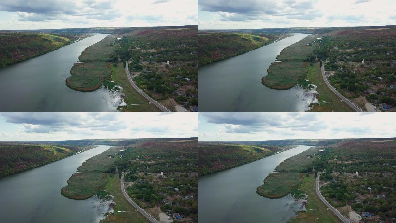 河流和小村庄的乡村景观航拍。摩尔多瓦共和国。