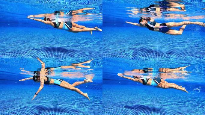 女子泳池自由式游泳的水下轨迹视图穿两件套泳衣