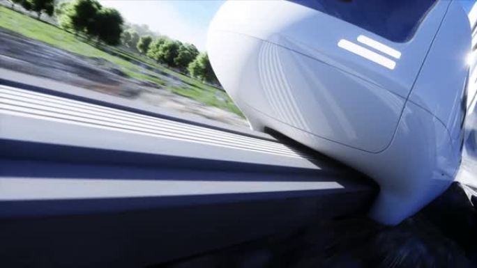 未来派科幻单轨列车。未来的概念。未来的城市背景。草地。4k逼真动画。
