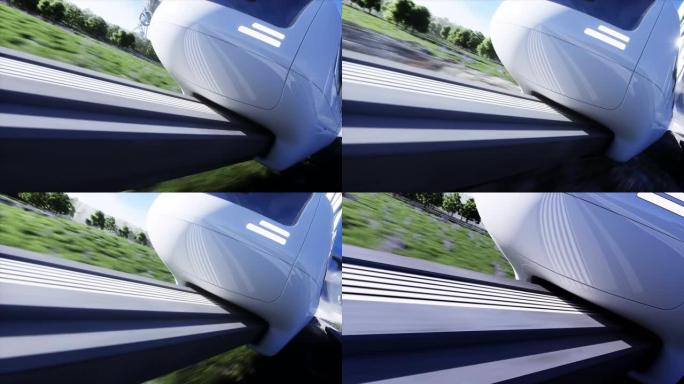 未来派科幻单轨列车。未来的概念。未来的城市背景。草地。4k逼真动画。