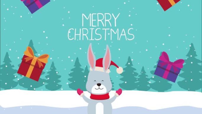 快乐圣诞快乐动画与兔子和礼物