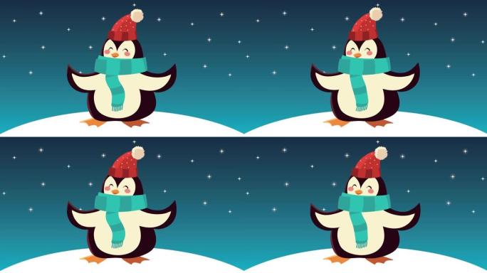 快乐圣诞快乐动画可爱的企鹅戴着圣诞老人的帽子