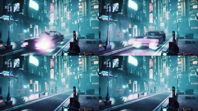 飞行汽车沿着未来城市的霓虹夜街奔涌。小说、网络和科幻背景的无缝循环动画。未来城市的景色。