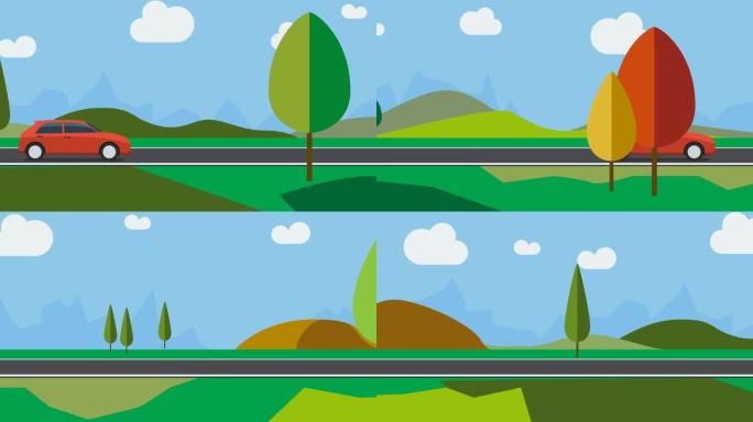 乡村背景下的汽车动画。2D动画。移动的山丘和树木背景。卡通车。循环镜头4k