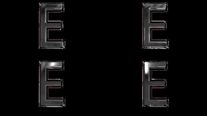实心玻璃字体或字母红色轮廓和移动反射，用于在您的珠宝或宝石概念视频中组成的单词-字母E隔离在黑色背景