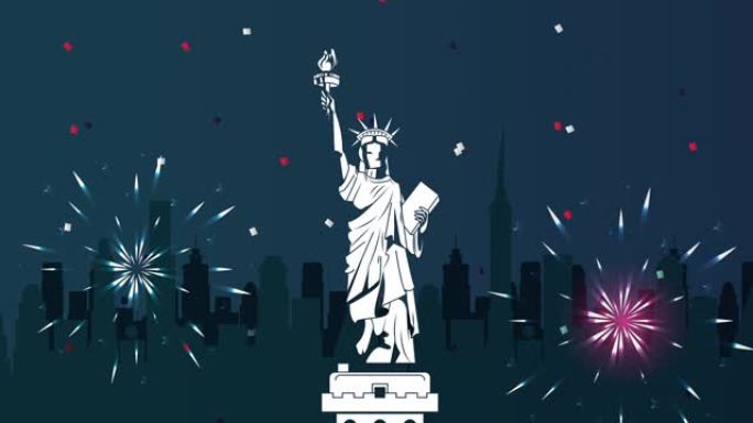 美国独立日庆祝活动，包括自由女神像和烟花