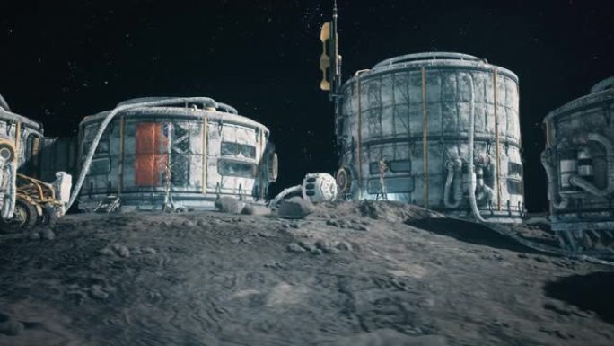 月球表面、月球殖民地和在月球车旁边的月球基地工作的宇航员的视图。幻想、未来或太空旅行的动画。