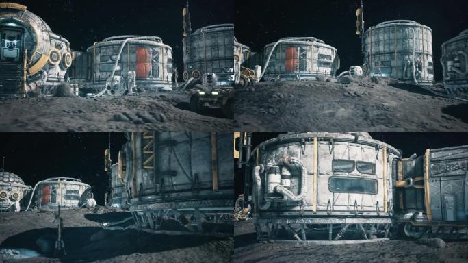 月球表面、月球殖民地和在月球车旁边的月球基地工作的宇航员的视图。幻想、未来或太空旅行的动画。