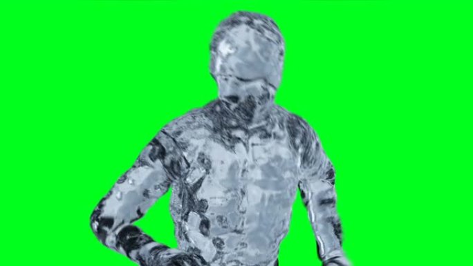 冰，玻璃人角色动画。在绿色屏幕上隔离。