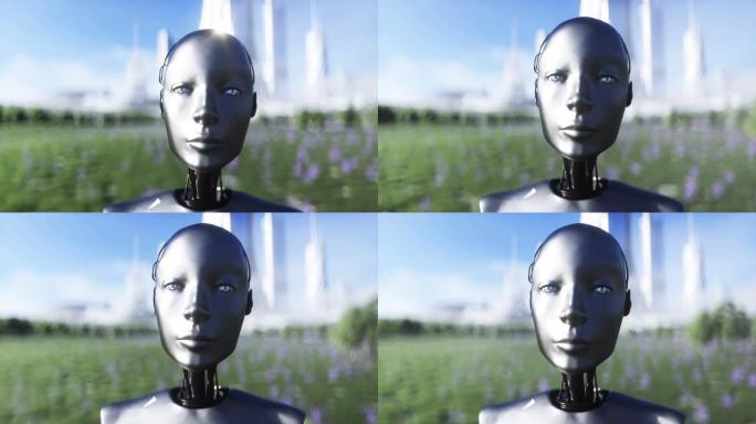 女机器人走草地。科幻城市背景。未来的概念。逼真的4k动画。