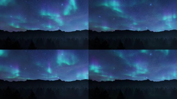森林山脉上的北极光北极光，4K
