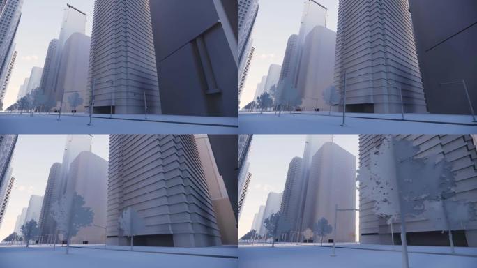 带有摩天大楼的抽象明亮城市的3d渲染。日光下简单形式的建筑。前向相机移动。白色抽象3D城市的顶部。接