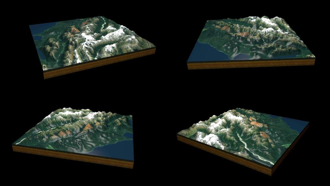 有抱负山国家公园浮雕地图3D渲染360度循环动画