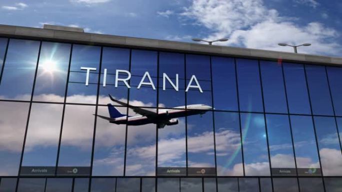 飞机降落在地拉那阿尔巴尼亚机场，在航站楼中镜像