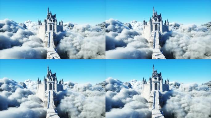 云层中的童话宫殿。鸟瞰图。在云端飞翔逼真的4k动画