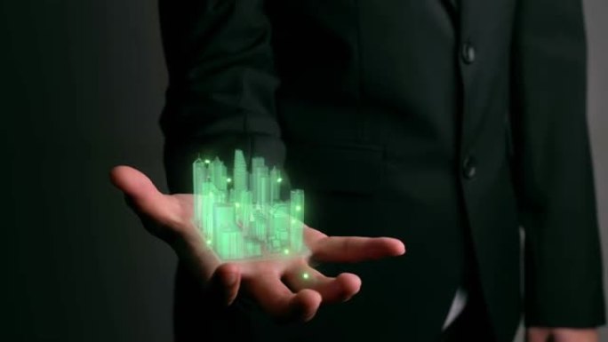 商人持有显示增强现实技术的3D城市模型