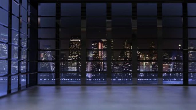 3D电视虚拟演播室，夜间全景城市天际线，泛光灯