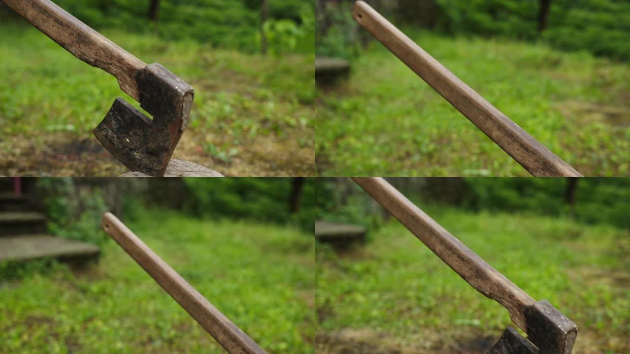 树斧卡在原木，木刻概念