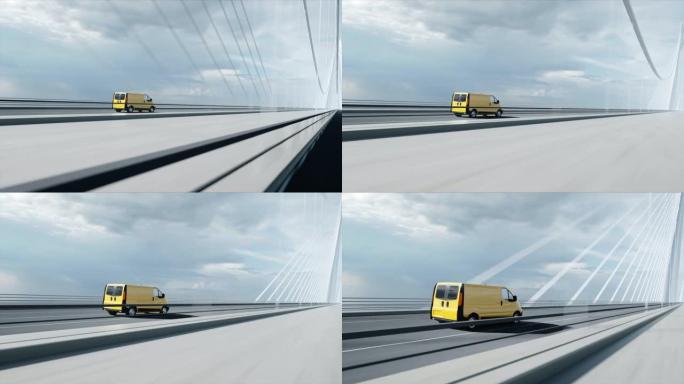 桥上送货车的3d模型。非常快的驾驶。4k动画。