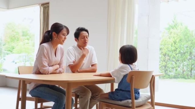 亚洲家庭在家聊天一家三口父女和女儿视频素