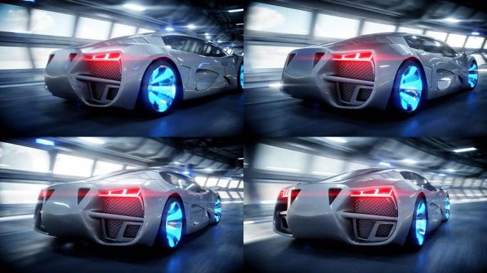 未来的汽车在科瑞多的科幻隧道快速行驶。未来的概念。逼真的4k动画。