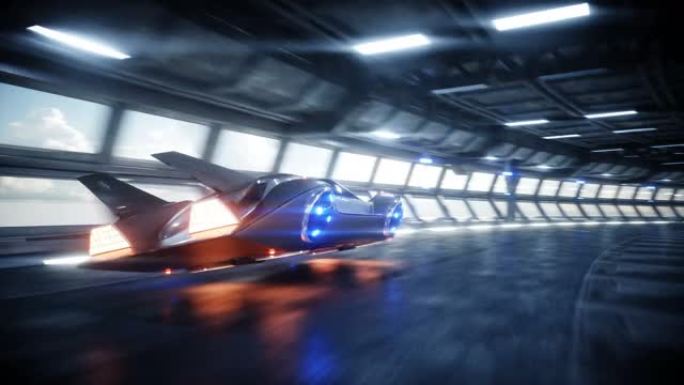 未来飞行汽车在科里多的科幻隧道快速行驶。未来的概念。逼真的4k动画。