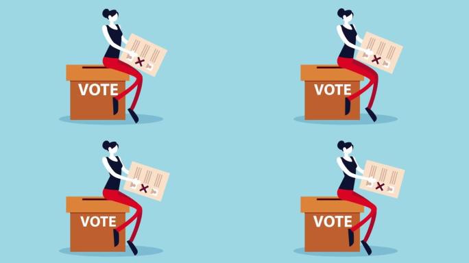 选举日民主动画与妇女举起投票卡和骨灰盒