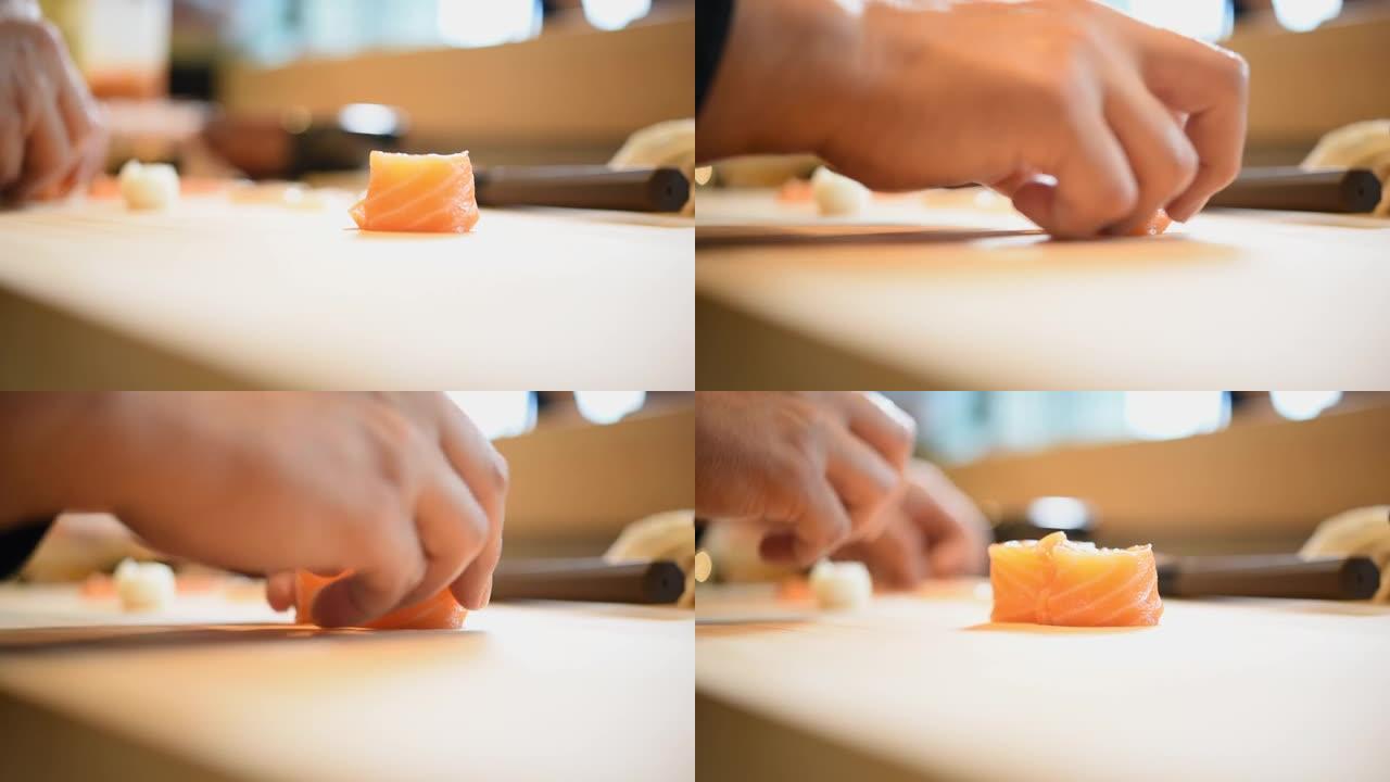带壳鱼和海胆的生鲑鱼寿司浇头的制备