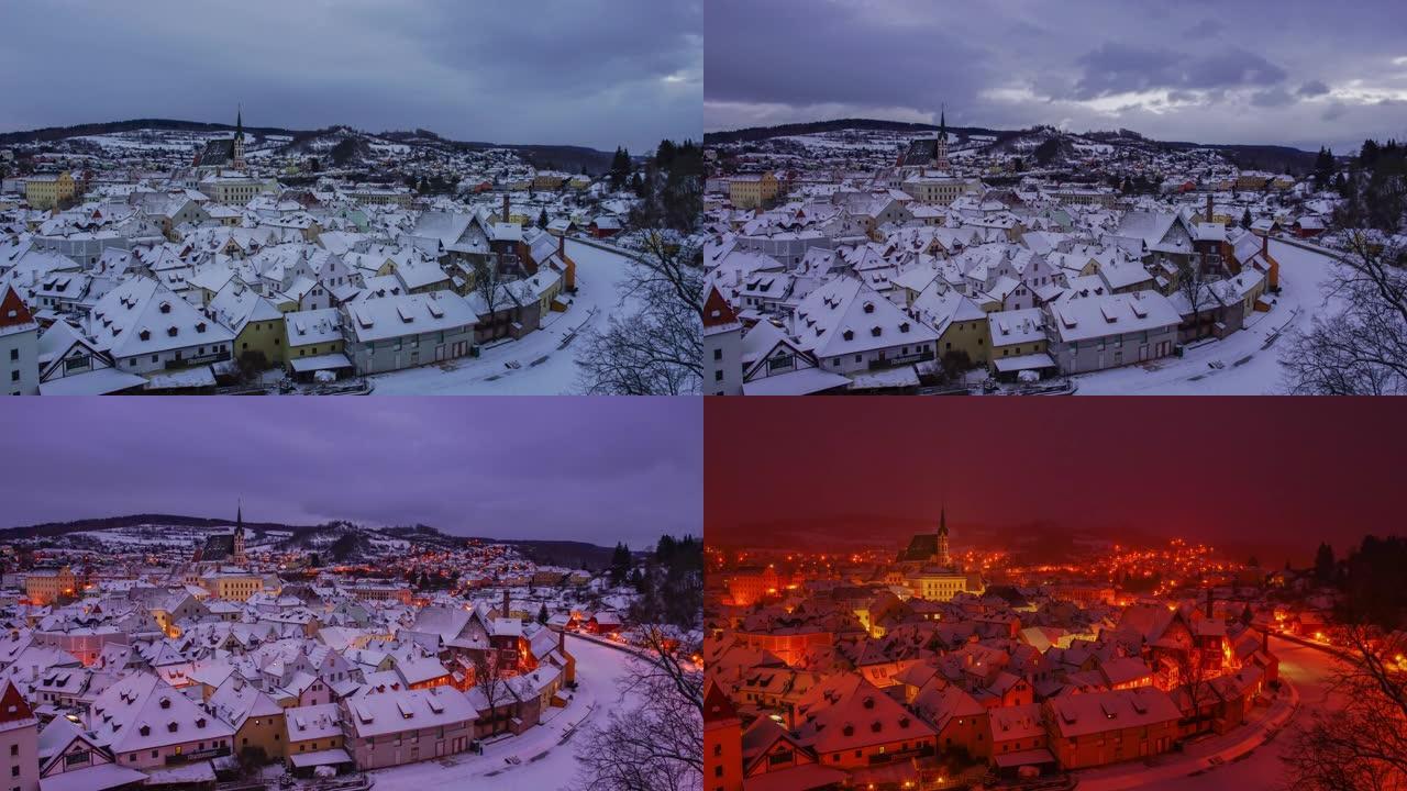 捷克捷克克鲁姆洛夫的冬景老城和教堂的昼夜时光