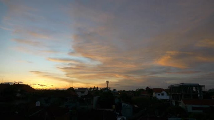 日落天空巴厘岛沙努尔地区酒店屋顶全景4k印度尼西亚