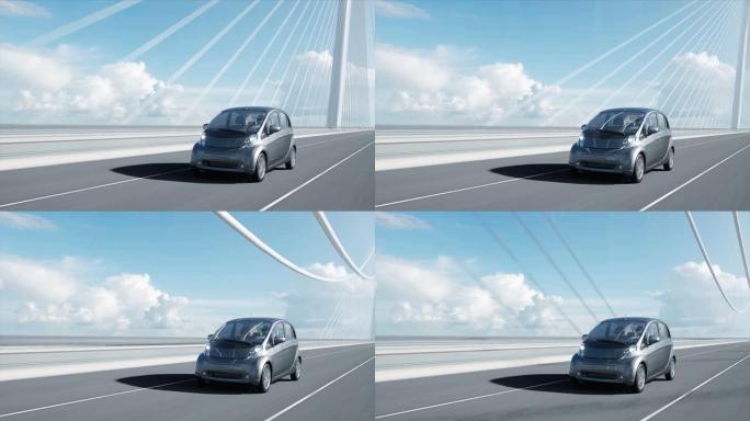 桥上电动汽车的3d模型，非常快速的行驶。生态学概念。逼真的4k动画。