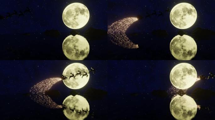 圣诞之夜，圣诞老人骑着雪橇，一只充满魔法火花的驯鹿。