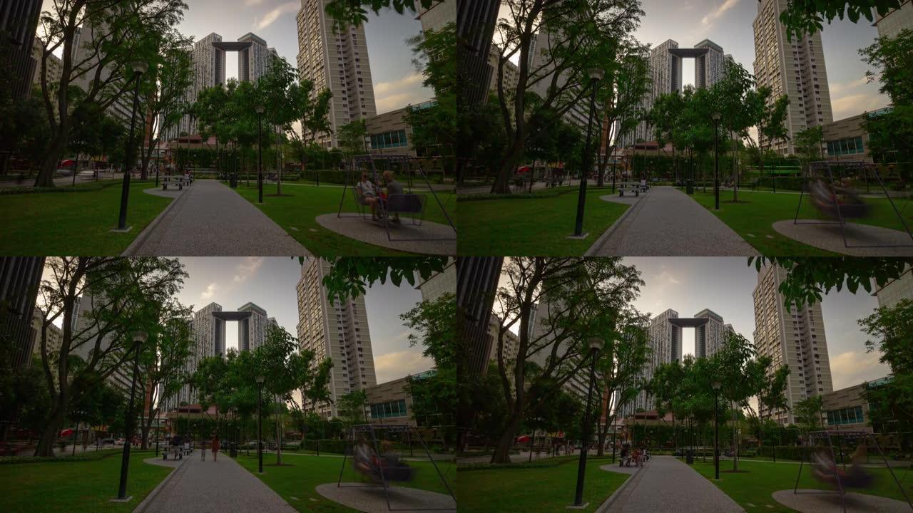 日落灯新加坡市中心著名公寓综合体公园延时全景4k