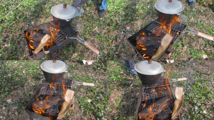 森林里的圆顶硬礼帽着火了。用新鲜空气烹饪