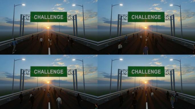 人们在高速公路上行走并挑战在路标上书写
