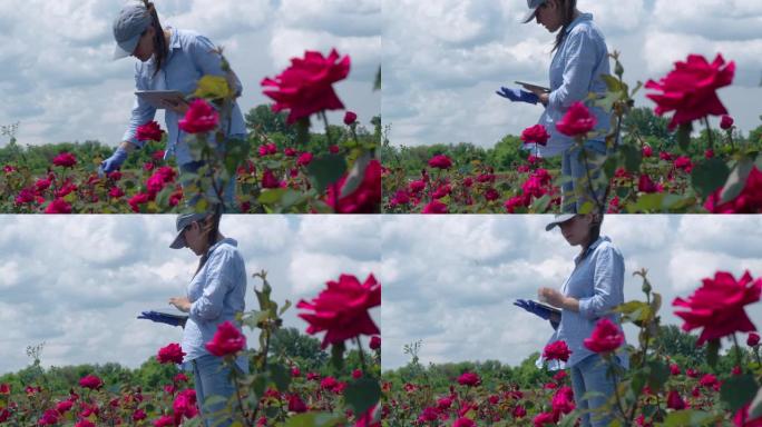 农夫在玫瑰种植园中检查新幼苗。农业职业。家族企业。