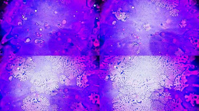 抽象背景，奇妙的气泡结构。科学实验，化学反应。混沌运动，气泡流动在4k膨胀。迷幻液体光显示，水油中的