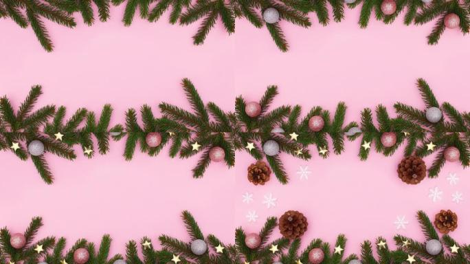 粉红主题的顶部和底部出现带有粉红色和银色装饰品的圣诞松枝。停止运动