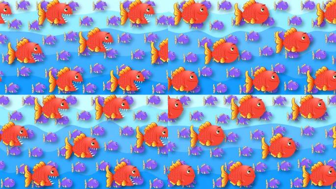 抽象动画背景，涂成红色和紫色的鱼