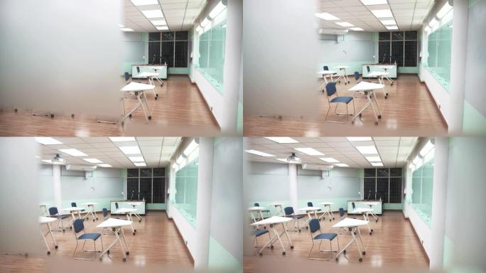 大学室内空教室的场景，返校的概念，房间椅子的设置设计社交距离