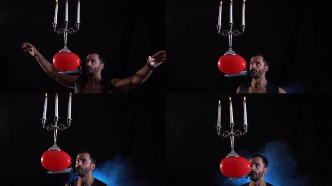 一位马戏团的艺术家在他的嘴里拿着一把刀，一个装有烛台的气球，上面燃烧着蜡烛，并保持平衡