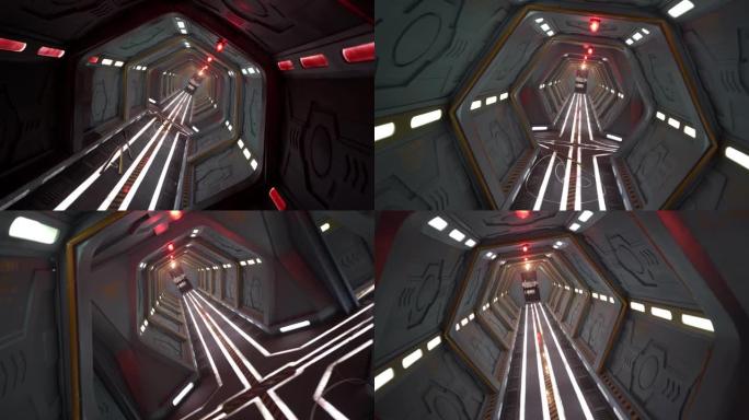 倾斜的宇宙飞船上未来派科幻走廊的真实镜头。